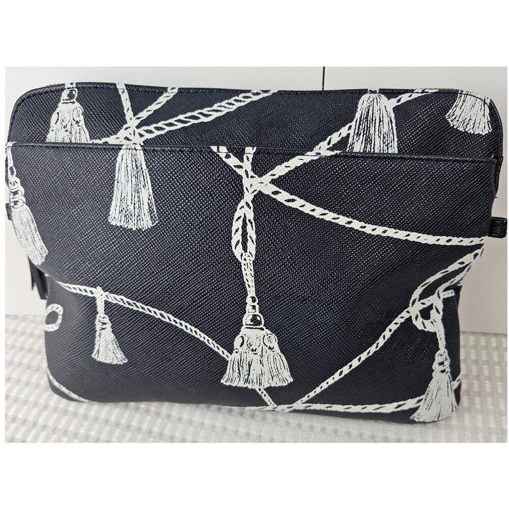 Chicos Navy Blue White Tassel Rope Print Cosmetic Bag Pouch Polka Dot Lining